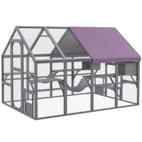 Outdoor Cat Enclosure Wooden Feral Cat House w/ Weatherproof Canopy, Bridges, Resting Boxes, Platforms, for 3-6 Cats (Option: Grey)