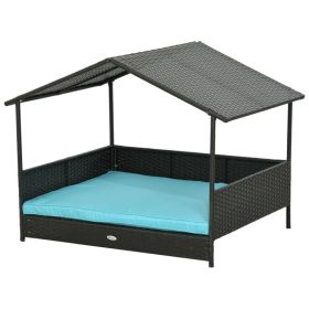 Outdoor Dog House Wicker Dog Bed with Soft Cushion Washable Cover, for Medium Large Dogs Indoor Outdoor, Blue (Option: Blue)