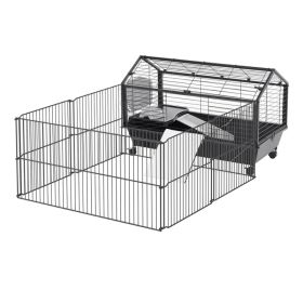 Metal Small Animal Cage, Rabbit Cage for Guinea Pig Chinchilla Hedgehog Bunny with Removable Wheels and Foldable Detachable Run Fence, 34.6" L x (Option: Black and Beige)