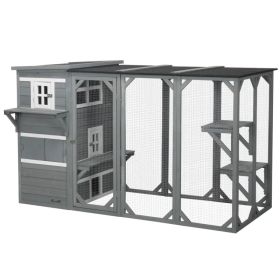 Wooden Cat Catio, 76"L Walk in Outdoor Cat House with Asphalt Roof, Platforms, Lockable Doors, 3-tier Resting Condo, Observation Window, for 2-3 (Option: LIGHT GREY)