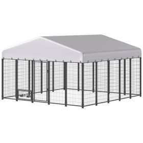 9.8 x 9.8 x 6 Outdoor Dog Kennel, Dog Kennel Outside Run with 360° Rotating Bowls, Waterproof & UV Resistant Cover (Option: Silver-1320x620x230 mm)