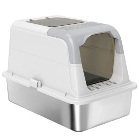 Extra Large Stainless Steel Litter Box, Enclosed Kitty Litter Box for Big Cats with Scoop, Deodorizer Bag (Option: White)