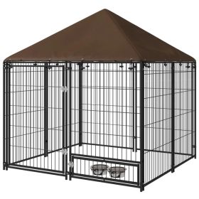 4.6' x 4.6' x 5' Outdoor Dog Kennel with Canopy, Rotating Bowls, Coffee (Option: Coffee)