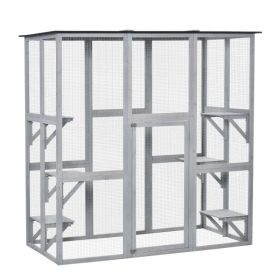 Large Outdoor Catio Enclosure, Weatherproof Cat House with Asphalt Roof, Wooden Cat Patio Cage with 6 Balanced Platforms, 71" x 39" x 71", Grey (Option: Grey)