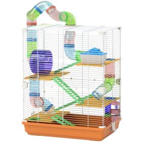 5 Tiers Hamster Cage Portable with Exercise Wheels Play Tube Water Bottle Dishes House Ladder for Gerbils, Orange (Option: Orange)