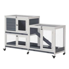 Wooden Rabbit Hutch Elevated Pet House Bunny Cage Small Animal Habitat with Slide-out Tray Lockable Door Openable Top for Indoor 58" x 18" x 35" (Option: Grey, White)