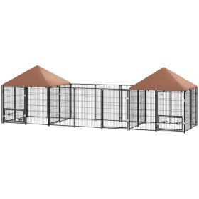 Outdoor Dog Kennel with 2 Rooms, Rotating & Adjustable Height Bowls, Waterproof UV-Resistant Cover, 16.2' x 4.7' x 5.1' (Option: Coffee)