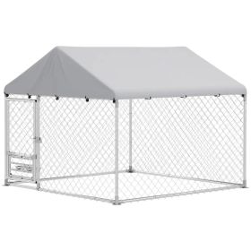 Outdoor Dog Run w/ Adjustable & Rotating Bowls, Waterproof UV-Resistant Cover, Secure Lock, 6.6' x 6.6' x 5.1' (Option: Silver)