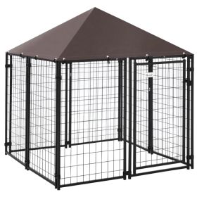 Outdoor Dog Kennel, Welded Wire Steel Fence, Lockable Pet Playpen Crate, with Water-, UV-Resistant Canopy Top, Door, 4.6ft x 4.6ft x 5ft, Black (Option: Black)